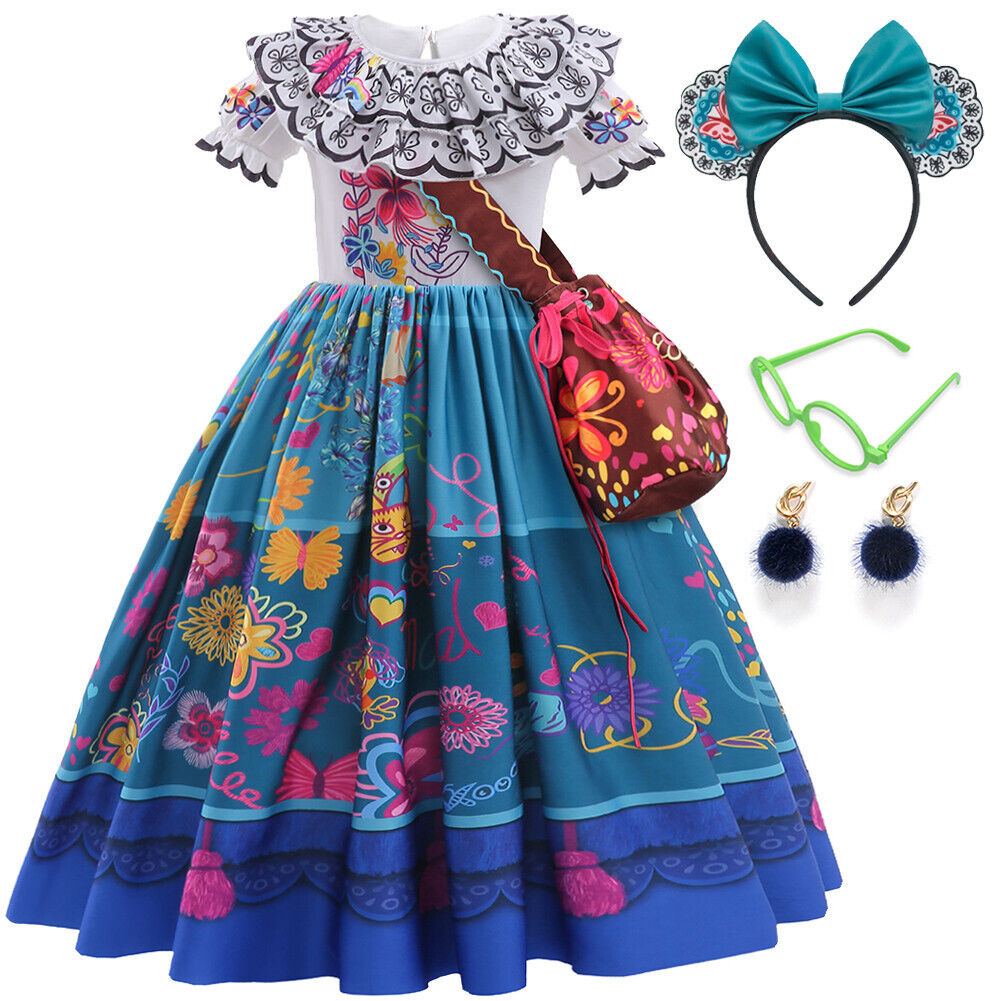 Encanto Mirabelle Girls Dress Costume, 6-7 years + Bag + Glasses + Earrings - Click Image to Close